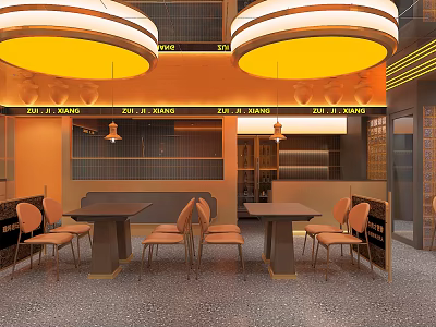 Warm Toned Cafe Interior With Dark Tables Beige Chairs Yellow Pendant Lights And Terrazzo Floor 3d model
