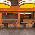 Warm Toned Cafe Interior With Dark Tables Beige Chairs Yellow Pendant Lights And Terrazzo Floor