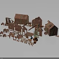 Dilapidated Wooden Houses with Various Structures and Scattered Wooden Components in Ruined Architectural Setup 3d model