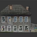 Vintage Residential Building with Wooden Exterior Tiled Roof Chimneys Multiple Windows and Small Annex
