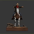 Cowboy Riding Horse Statue Scene With Dual Guns Rocks And Sand Base