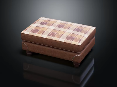Plaid Pattern Upholstered Sofa Stool With Dark Brown Frame And Stitched Details 3d model