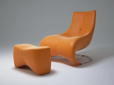 Stylish Orange Modern Leisure Chair with Ottoman and Curved Lines Design 3d model
