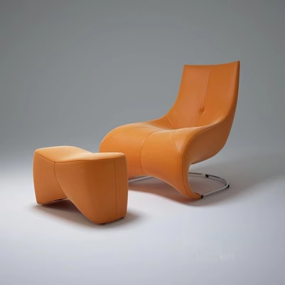 Stylish Orange Modern Leisure Chair with Ottoman and Curved Lines Design 3d model