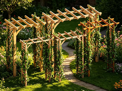 Climbing Vines on Wooden Pergola in Sunlit Garden with Lawn and Pathway 3d model