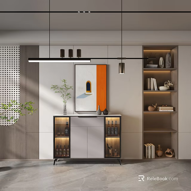 Modern Interior with Stylish Sideboard Cabinet Decorative Painting Hanging Lights and Storage Shelves 3d model 