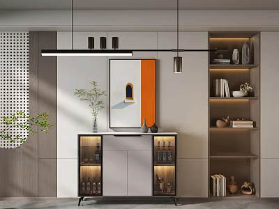 Modern Interior with Stylish Sideboard Cabinet Decorative Painting Hanging Lights and Storage Shelves 3d model