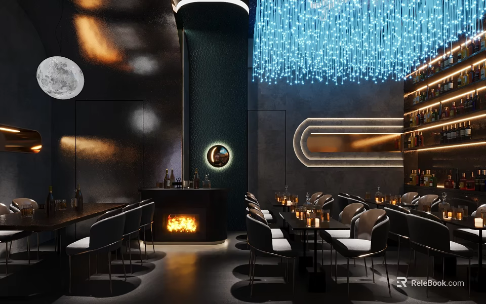 Dark Toned Bar Interior With Blue Lighting Fireplace And Wine Racks 3d model 