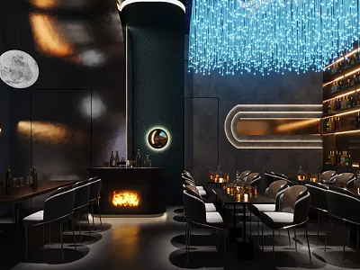 Dark Toned Bar Interior With Blue Lighting Fireplace And Wine Racks 3d model