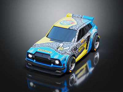 Modified Racing Car With Blue And Yellow Body Graphics Sporty Design And Aerodynamic Rear Spoiler 3d model