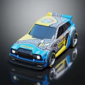Modified Racing Car With Blue And Yellow Body Graphics Sporty Design And Aerodynamic Rear Spoiler