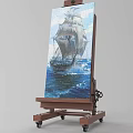 Professional Wooden Easel Displaying Canvas Painting Of Sailing Ship On Ocean Waves