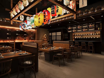 Traditional Japanese Restaurant Interior With Colorful Hanging Lanterns Wooden Tables And Shelves 3d model