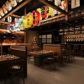Traditional Japanese Restaurant Interior With Colorful Hanging Lanterns Wooden Tables And Shelves