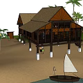 Traditional Hotel Building With Wooden Structure Stilt Design Sloped Roof Ornate Windows And Mountain View
