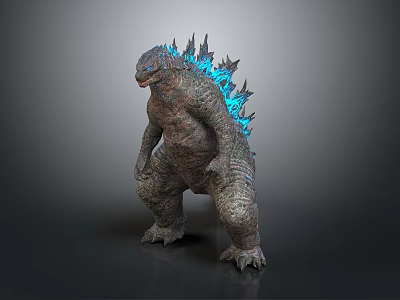 3D Godzilla Model Standing Pose With Blue Dorsal Fins And Rough Skin On Gray Background 3d model