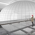 Modern Spherical Cinema Interior With Large Screen City View Smooth Floor And Ceiling Lights