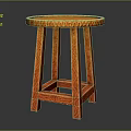 Orange Wooden Stool With Round Seat And Intricate Carved Patterns Design