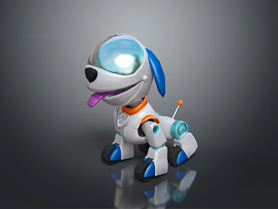 Cute Robot Dog With Transparent Helmet Sticking Out Tongue And Mechanical Parts 3d model