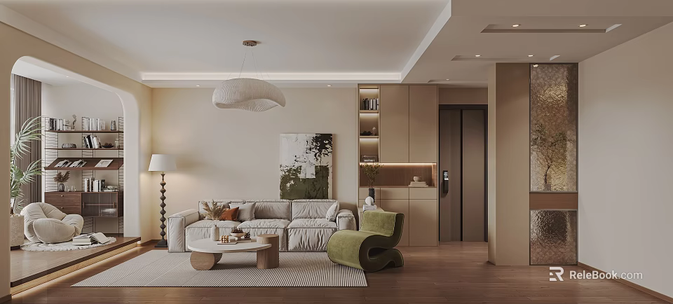 Cozy Modern Living Room With Beige Sofa Green Armchair Round Coffee Table And Abstract Painting 3d model 