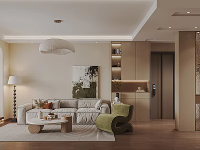 Cozy Modern Living Room With Beige Sofa Green Armchair Round Coffee Table And Abstract Painting 3d model