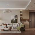 Cozy Modern Living Room With Beige Sofa Green Armchair Round Coffee Table And Abstract Painting