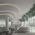 Bright Modern Sales Office With Curved Ceiling White Furnishings And Artistic Green Hanging Decorations