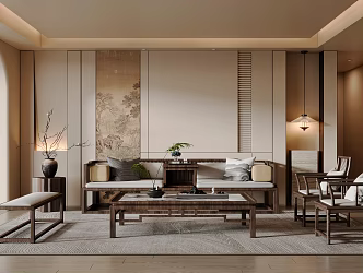 New Chinese-style Home Living Room Sofa Coffee Table Combination Leisure Chair Table Lamp Jewelry Ornaments 3d model