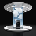 Modern Washing Machine Display with Transparent Column Bubble Decorations and People Observing on Circular Stand 3d model