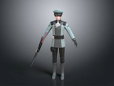 3D Character Model in Gray Blue Uniform With Hat Weapon and Belt Details 3d model