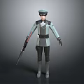 3D Character Model in Gray Blue Uniform With Hat Weapon and Belt Details