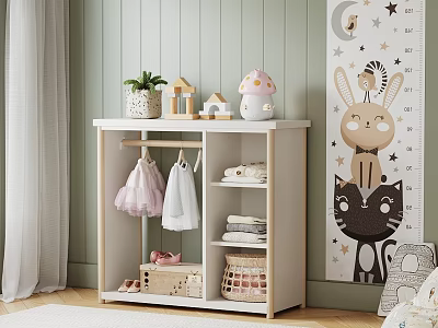 Kids Room Storage Cabinet With Hanging Dresses Decorative Houses And Rabbit Cat Wall Decal 3d model