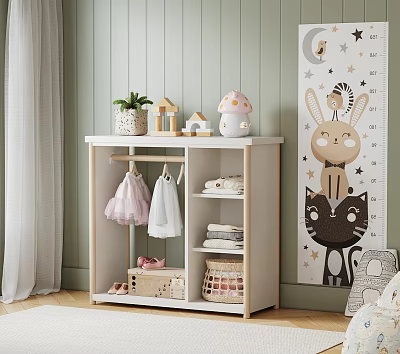 Kids Room Storage Cabinet With Hanging Dresses Decorative Houses And Rabbit Cat Wall Decal 3d model