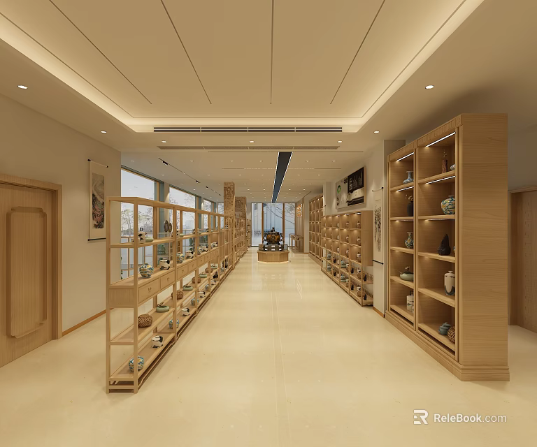 Bright Spacious Exhibition Hall Featuring Wooden Display Cabinets With Porcelain In Corridor Layout 3d model 