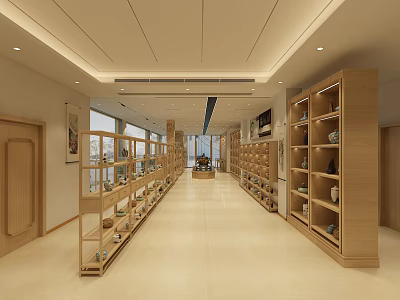 Bright Spacious Exhibition Hall Featuring Wooden Display Cabinets With Porcelain In Corridor Layout 3d model