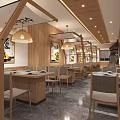 Japanese Restaurant Interior With Wooden Decor Lanterns Partitions And Wall Art