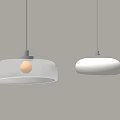 Two White Dome Shaped Pendant Lights Hanging With Metal Fixtures On Gray Background