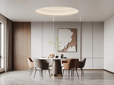 Modern Restaurant Interior Design With Round Dining Table Elegant Chairs And Stylish Wall Art 3d model