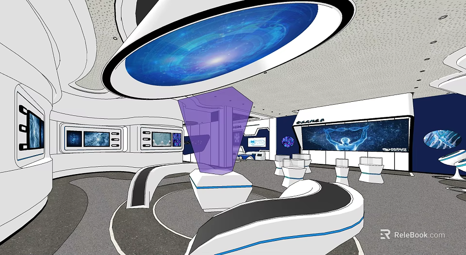 Future Tech Exhibition Interior With Circular Blue Ceiling Device And Purple Structure 3d model