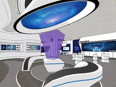 Future Tech Exhibition Interior With Circular Blue Ceiling Device And Purple Structure 3d model