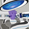 Future Tech Exhibition Interior With Circular Blue Ceiling Device And Purple Structure 3d model