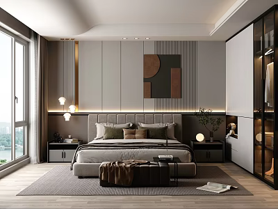 Elegant Modern Bedroom Interior With Bed Nightstands Lighting Artwork And Wardrobe 3d model