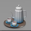 Blue White Gradient Teapot and Blue Teacups on Wooden Tray with Saucers and Tea Bags for Daily Use