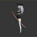 Anime Style Female Character 3D Model With Uniform Hat Long Silver Hair And Sword