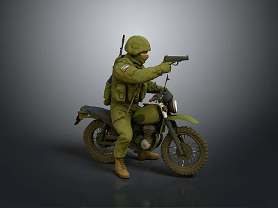 Detailed Military Motorcycle With Soldier in Green Uniform Riding And Holding Gun 3d model
