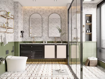 Modern Bathroom Interior With Double Mirrors Black White Vanity Green Wall And Patterned Floor Tiles 3d model
