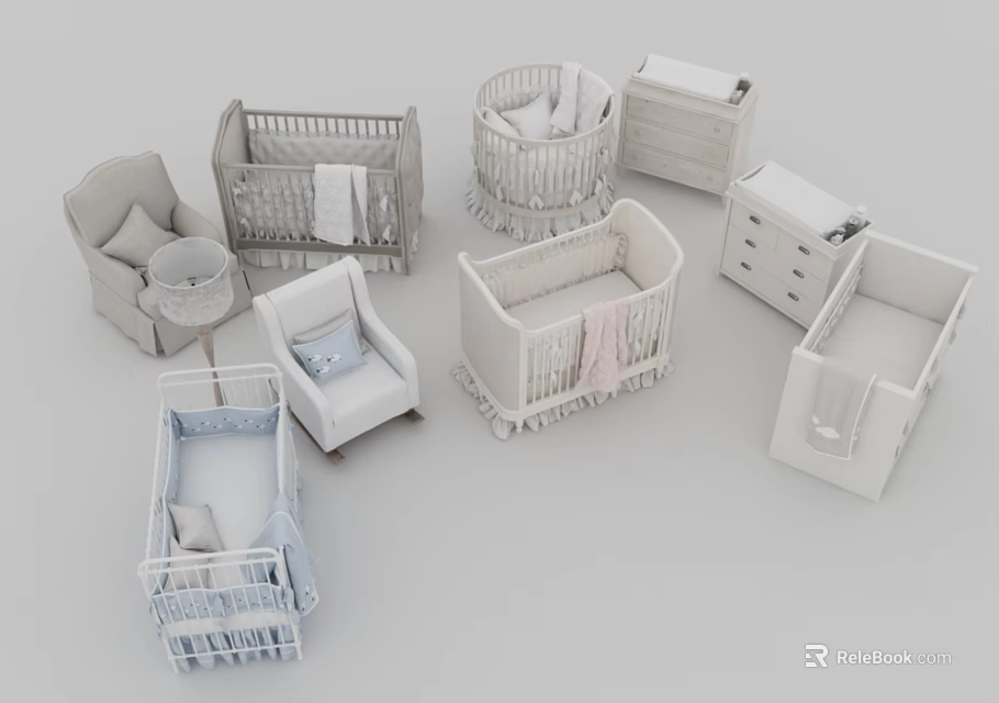 Stylish Baby Cribs Featuring Different Designs Matching Rocking Chair And Drawer Cabinet 3d model 