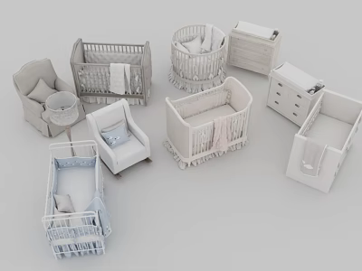 Stylish Baby Cribs Featuring Different Designs Matching Rocking Chair And Drawer Cabinet 3d model