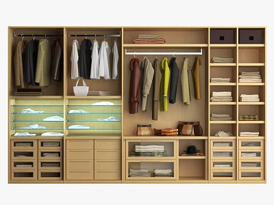 Modern Wooden Wardrobe Interior With Hanging Rods Folded Clothes Drawers And Storage Boxes 3d model