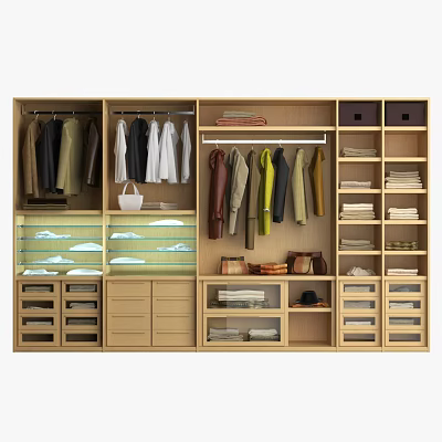 Modern Wooden Wardrobe Interior With Hanging Rods Folded Clothes Drawers And Storage Boxes 3d model